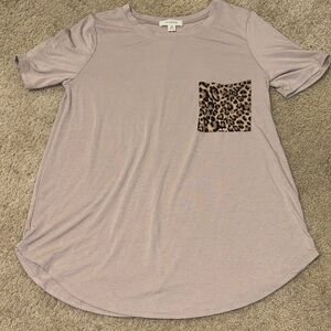 Zenana Outfitters Taupe Short Sleeve Tee with Leopard Pocket Accent